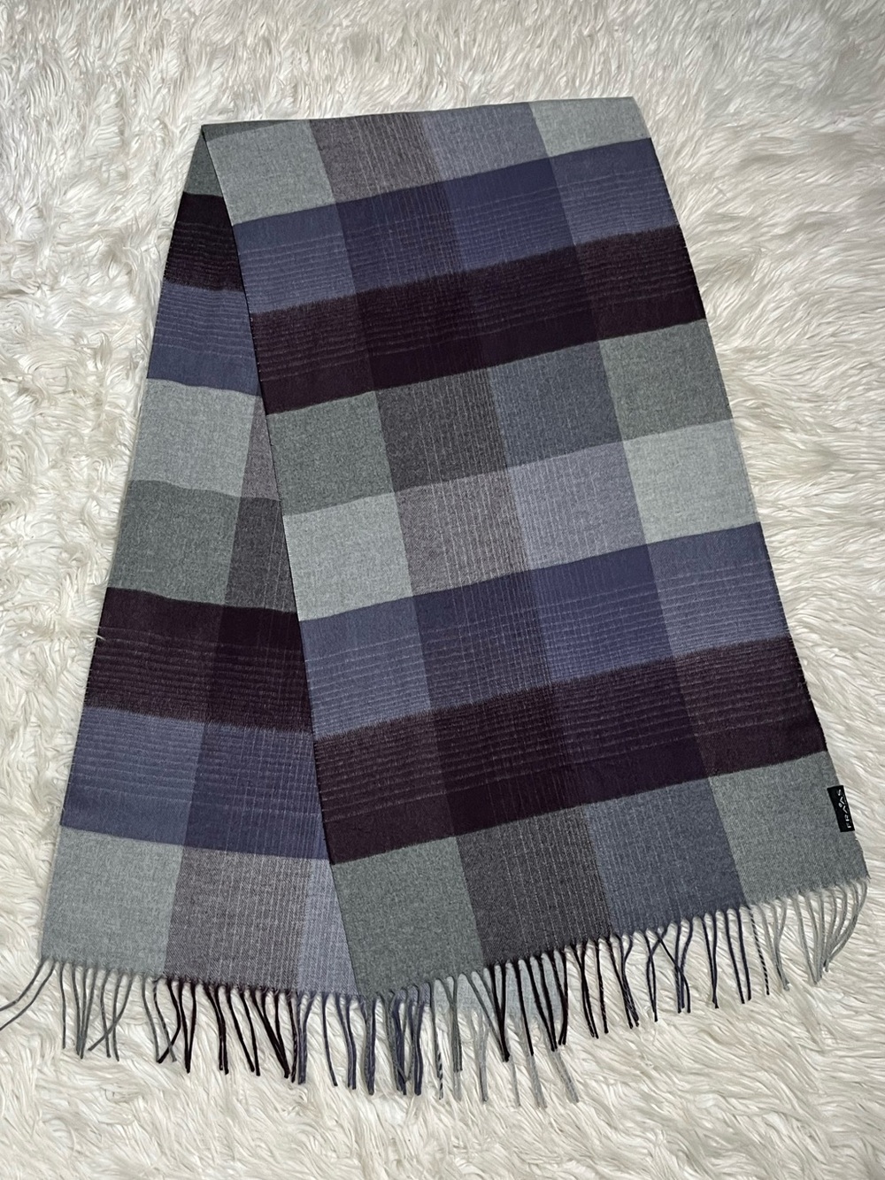 Fraas Cashmink Soft Plaid Winter Scarf Purple Gray Fringe Germany Unisex